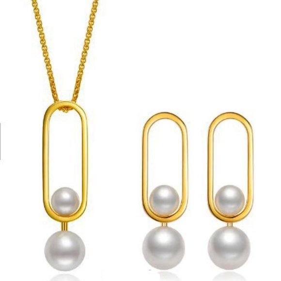 Double Pearl Oblong Shaped Drop Necklace Yellow Gold Plated 925 Sterling… - Picture 4 of 4